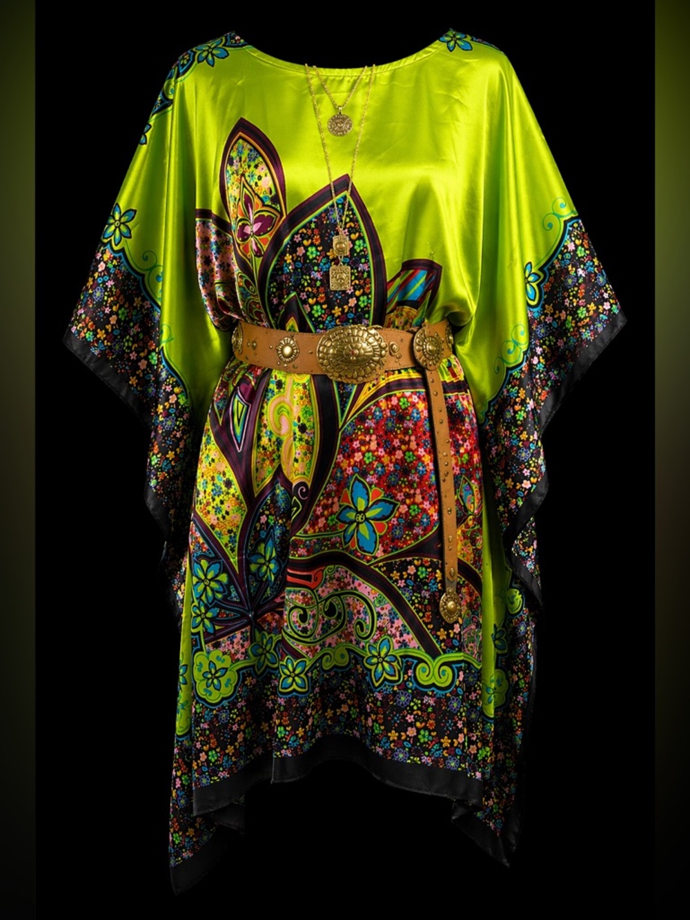 Lime Green Silky Kaftan Tunic S/M Boho Floral Paisley Oversized Festival Top
